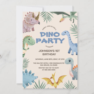 Dino Party | Cute Dinosaurs First Birthday Invitat Kaart
