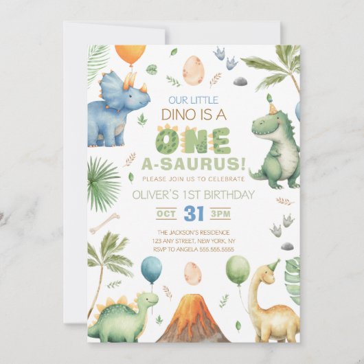 Dino Party | Cute Dinosaurs First Birthday Invitat Kaart (Voorkant)