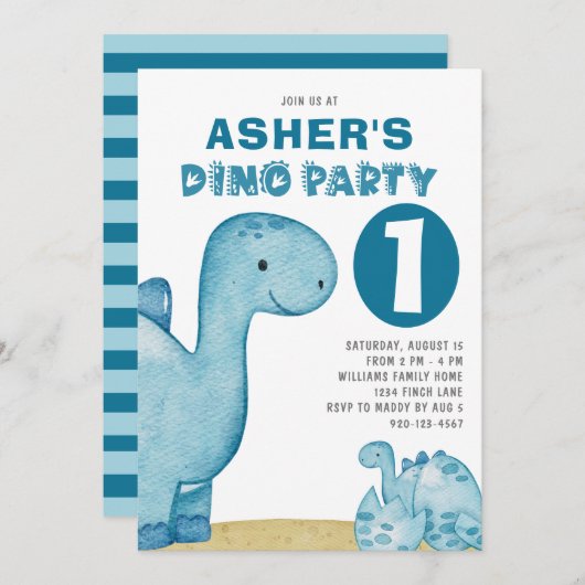 Dino Party Cute Dinosaurs First Birthday Kaart (Voorkant / Achterkant)