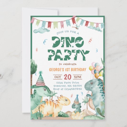 Dino Party Cute Dinosaurs First Birthday Kaart (Voorkant)