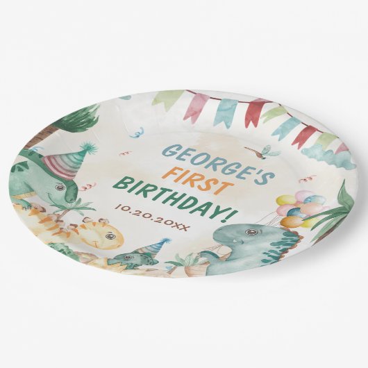 Dino Party Cute Dinosaurs First Birthday Papieren Bordje (Gekanteld)