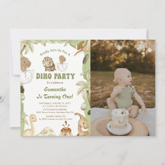 Dino Party | Cute Dinosaurs First Birthday Photo Kaart (Voorkant)