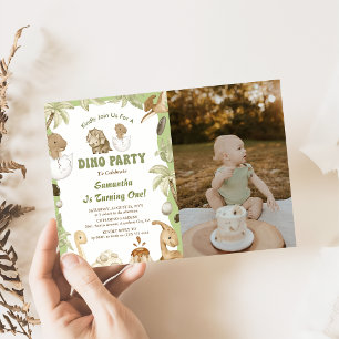 Dino Party   Cute Dinosaurs First Birthday Photo Kaart