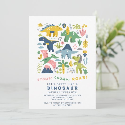 Dino Party Cute Modern dinosauriërs Zevende verjaa Kaart (Staand voorkant)