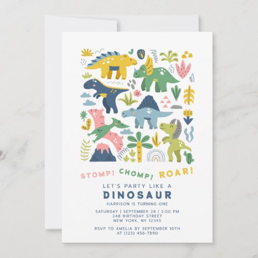 Dino Party Cute Modern Dinosaurs First Birthday Kaart (Voorkant)