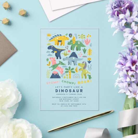 Dino Party Cute Modern Dinosaurs Vierde verjaardag Acryl Uitnodigingen (Insitu (Huwelijk))