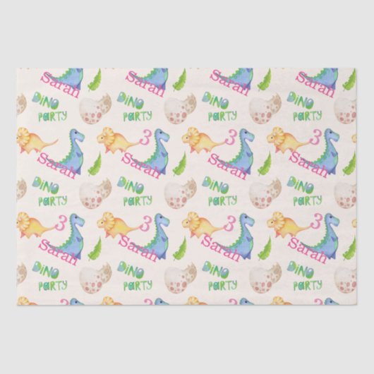 Dino Party Dinosaur Birthday Girl's Name & Age Tissuepapier (Voorkant)
