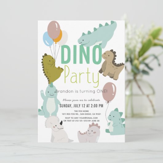 Dino Party Dinosaur Boy 1st Birthday Kaart (Staand voorkant)