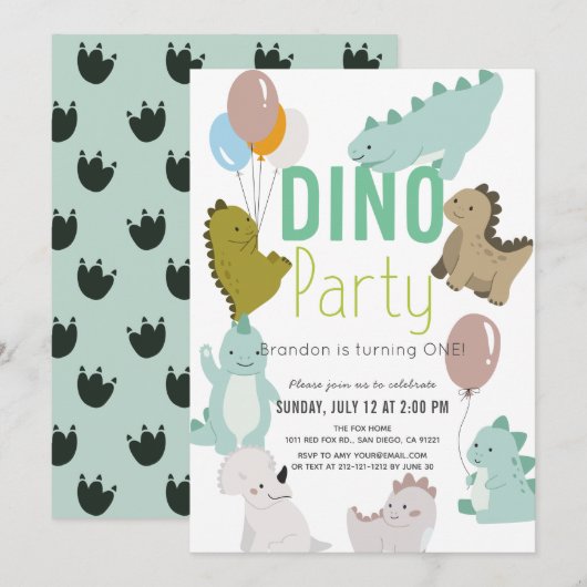 Dino Party Dinosaur Boy 1st Birthday Kaart (Voorkant / Achterkant)