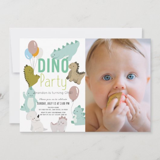 Dino Party Dinosaur Boy Foto 1st Birthday Kaart (Voorkant)