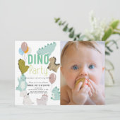 Dino Party Dinosaur Boy Foto 1st Birthday Kaart (Staand voorkant)
