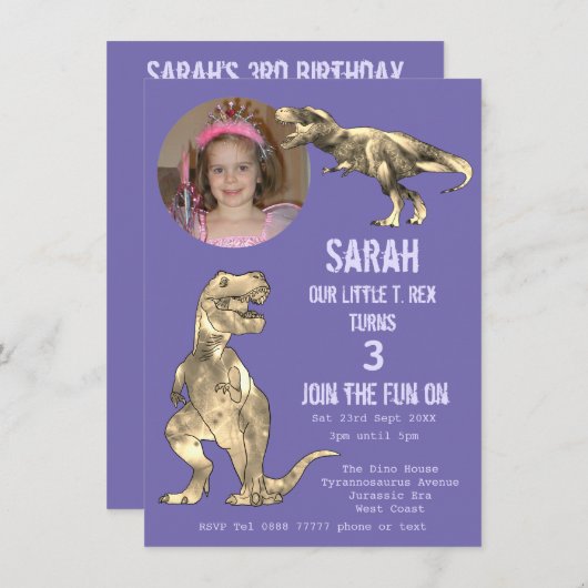 Dino Party Dinosaur T Rex Girl 3rd Birthday Paars (Voorkant / Achterkant)