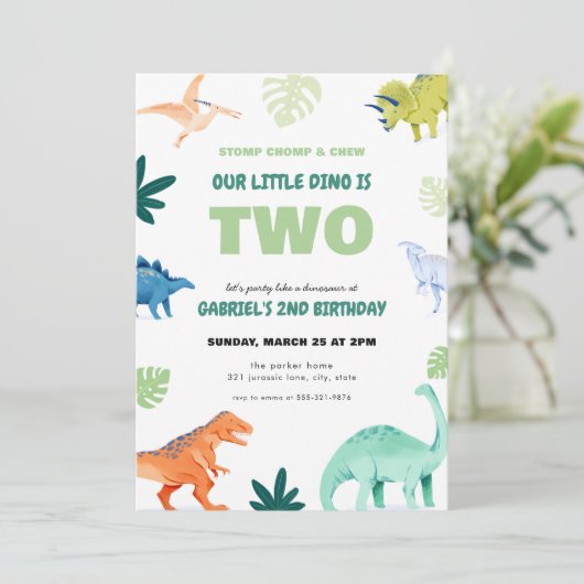Dino Party Dinosaur Uitnodiging Tweede Verjaardag (Staand voorkant)