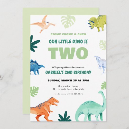 Dino Party Dinosaur Uitnodiging Tweede Verjaardag (Voorkant / Achterkant)