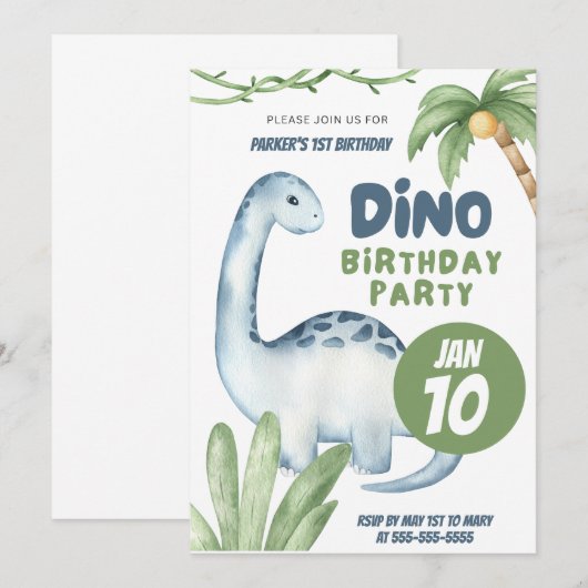 Dino Party | Dinosaurussen Eerste Verjaardag uitno Kaart (Voorkant / Achterkant)