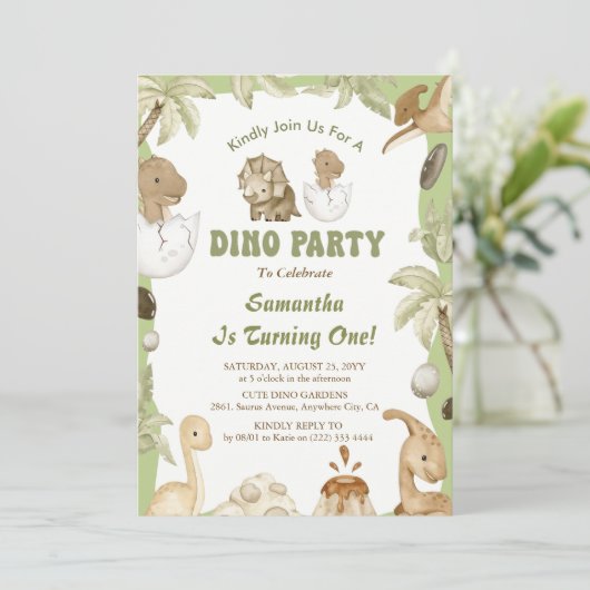 Dino Party | Eerste verjaardag van Cute Dinosaurs Kaart (Staand voorkant)