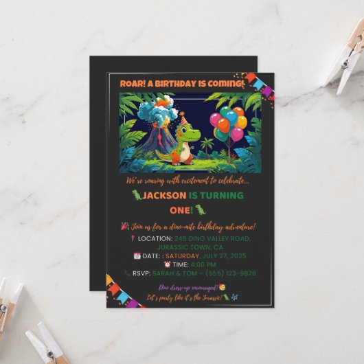 Dino Party Invite – Bewerkbaar Kaart (Voorkant / Achterkant in situ)