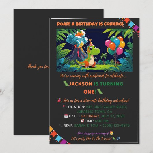 Dino Party Invite – Bewerkbaar Kaart (Voorkant / Achterkant)