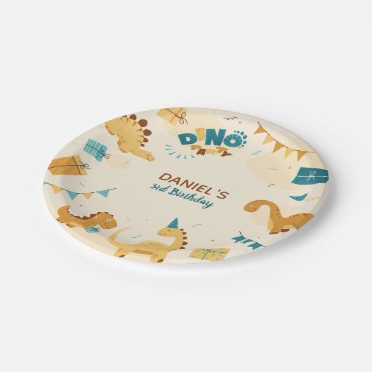 Dino Party. Leuke dinosaurussen 3e verjaardag Papieren Bordje (Gekanteld)
