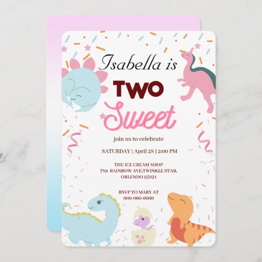 Dino Party Leuke Dinosaurussen Twee Zoete Verjaard Kaart (Voorkant / Achterkant)