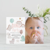 Dino Party Pink Dinosaur Girl 1ste verjaardag Kaart (Staand voorkant)