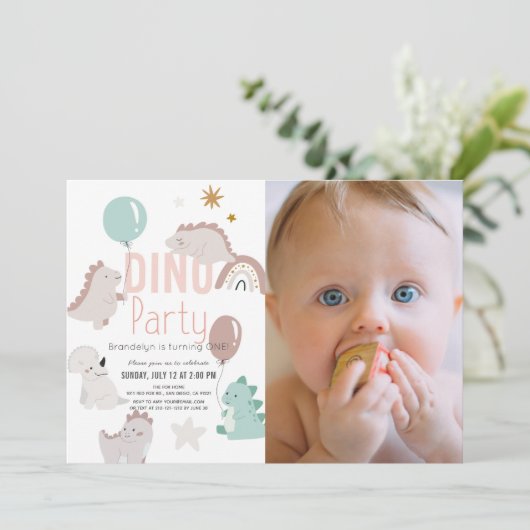 Dino Party Pink Dinosaur Girl 1ste verjaardag Kaart (Staand voorkant)