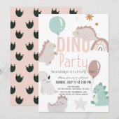 Dino Party Pink Dinosaur Girl 1ste verjaardag Kaart (Voorkant / Achterkant)