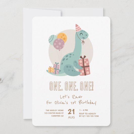 Dino Party Rawr Leuke 1e Verjaardag Kaart (Voorkant)