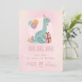 Dino Party Rawr Roze 1e Verjaardag Kaart (Staand voorkant)