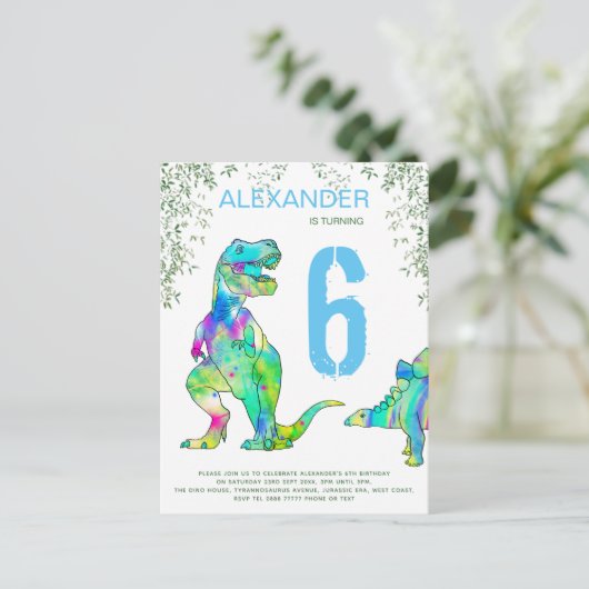 Dino party schattige dinosauriërs 6e Birthday budg Uitnodiging Briefkaart (Staand voorkant)