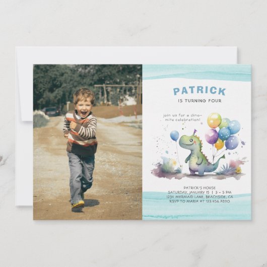 Dino Party Schattige Waterverf Boy Blue Verjaardag Kaart (Voorkant)