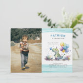 Dino Party Schattige Waterverf Boy Blue Verjaardag Kaart (Staand voorkant)