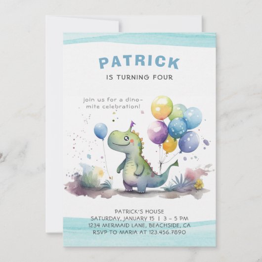 Dino Party Schattige Waterverf Boy Blue Verjaardag Kaart (Voorkant)