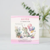 Dino Party Schattige Waterverf Meisje Roze Verjaar Kaart (Staand voorkant)