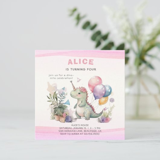 Dino Party Schattige Waterverf Meisje Roze Verjaar Kaart (Staand voorkant)