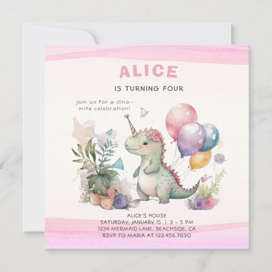 Dino Party Schattige Waterverf Meisje Roze Verjaar Kaart (Voorkant)