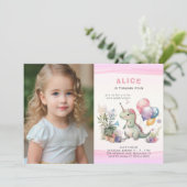 Dino Party Schattige Waterverf Meisje Roze Verjaar Kaart (Staand voorkant)