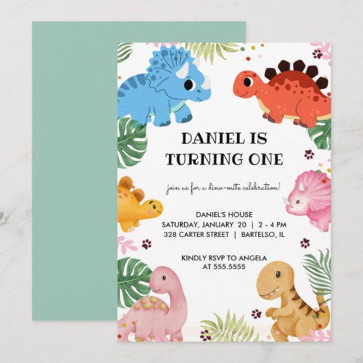 Dino Party Schattigee Dinosaurus Verjaardagsfeestu Kaart (Voorkant / Achterkant)