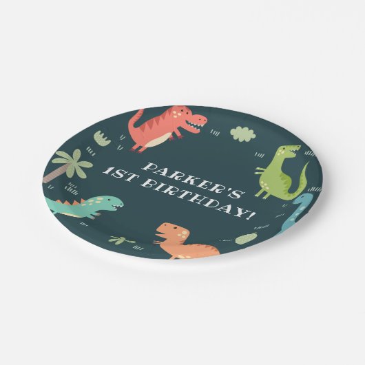 Dino Party Schattigee Dinosaurussen Jongen Verjaar Papieren Bordje (Gekanteld)