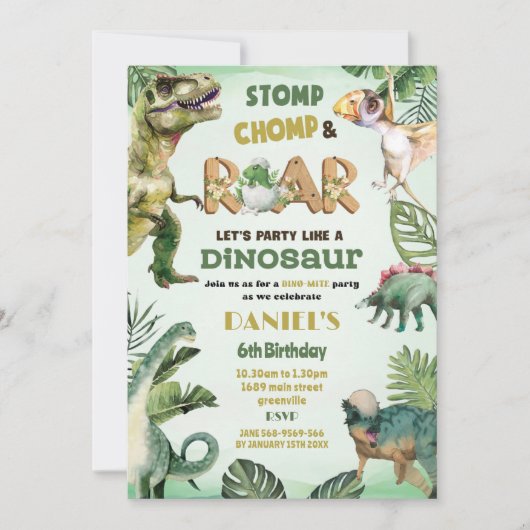 Dino Party | Schattigee Dinosaurussen Thema Verjaa Kaart (Voorkant)