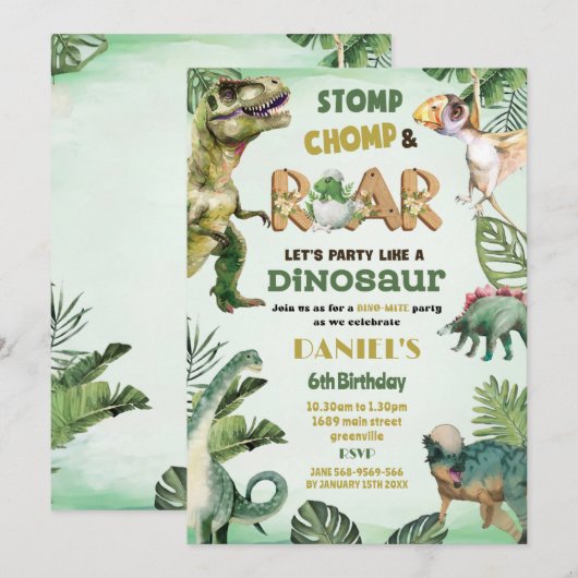 Dino Party | Schattigee Dinosaurussen Thema Verjaa Kaart (Voorkant / Achterkant)