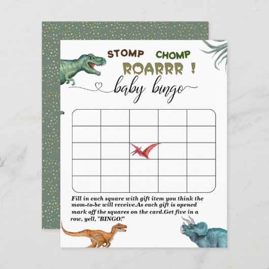 Dino Party stomp chomp roar baby shower bingo game (Voorkant / Achterkant)