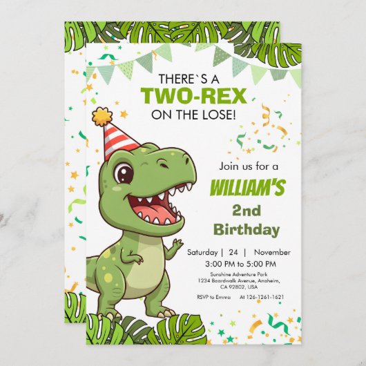 Dino Party Uitnodiging Tweede Verjaardag (Voorkant / Achterkant)