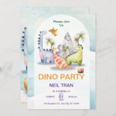 Dino Party verjaardagsuitnodiging – Kinder Kaart (Voorkant / Achterkant)