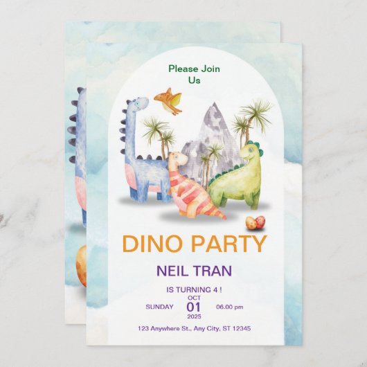 Dino Party verjaardagsuitnodiging – Kinder Kaart (Voorkant / Achterkant)