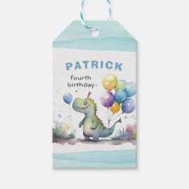 Dino Party Waterverf Boy Blue Verjaardag Cadeaulabel