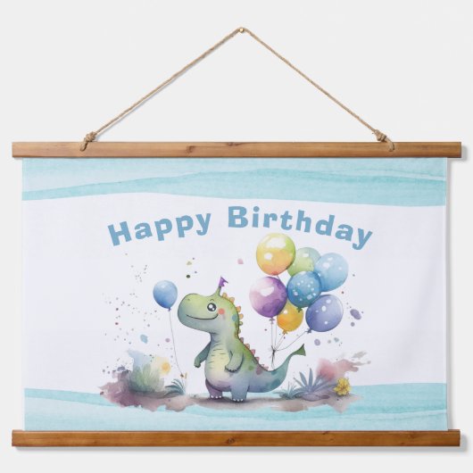 Dino Party Waterverf Boy Blue Verjaardag Hangend Wandkleed (Voorkant)