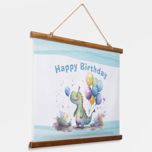Dino Party Waterverf Boy Blue Verjaardag Hangend Wandkleed (Gebogen)