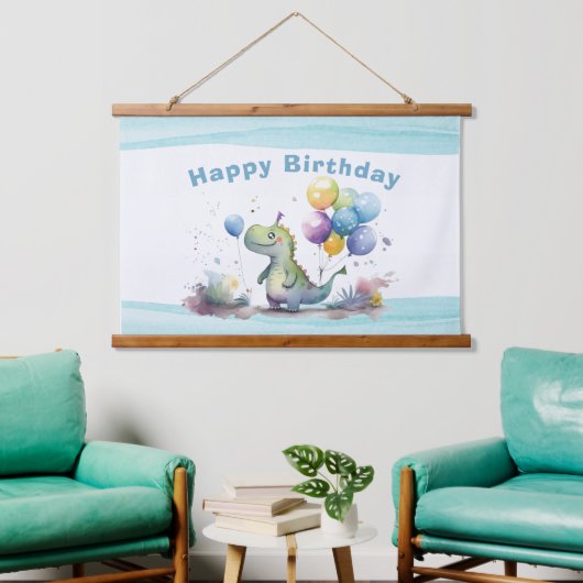 Dino Party Waterverf Boy Blue Verjaardag Hangend Wandkleed (Woonkamer)