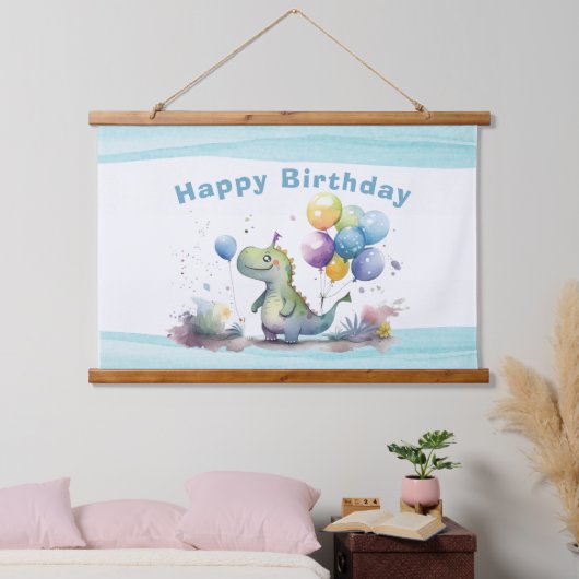 Dino Party Waterverf Boy Blue Verjaardag Hangend Wandkleed (Slaapkamer)